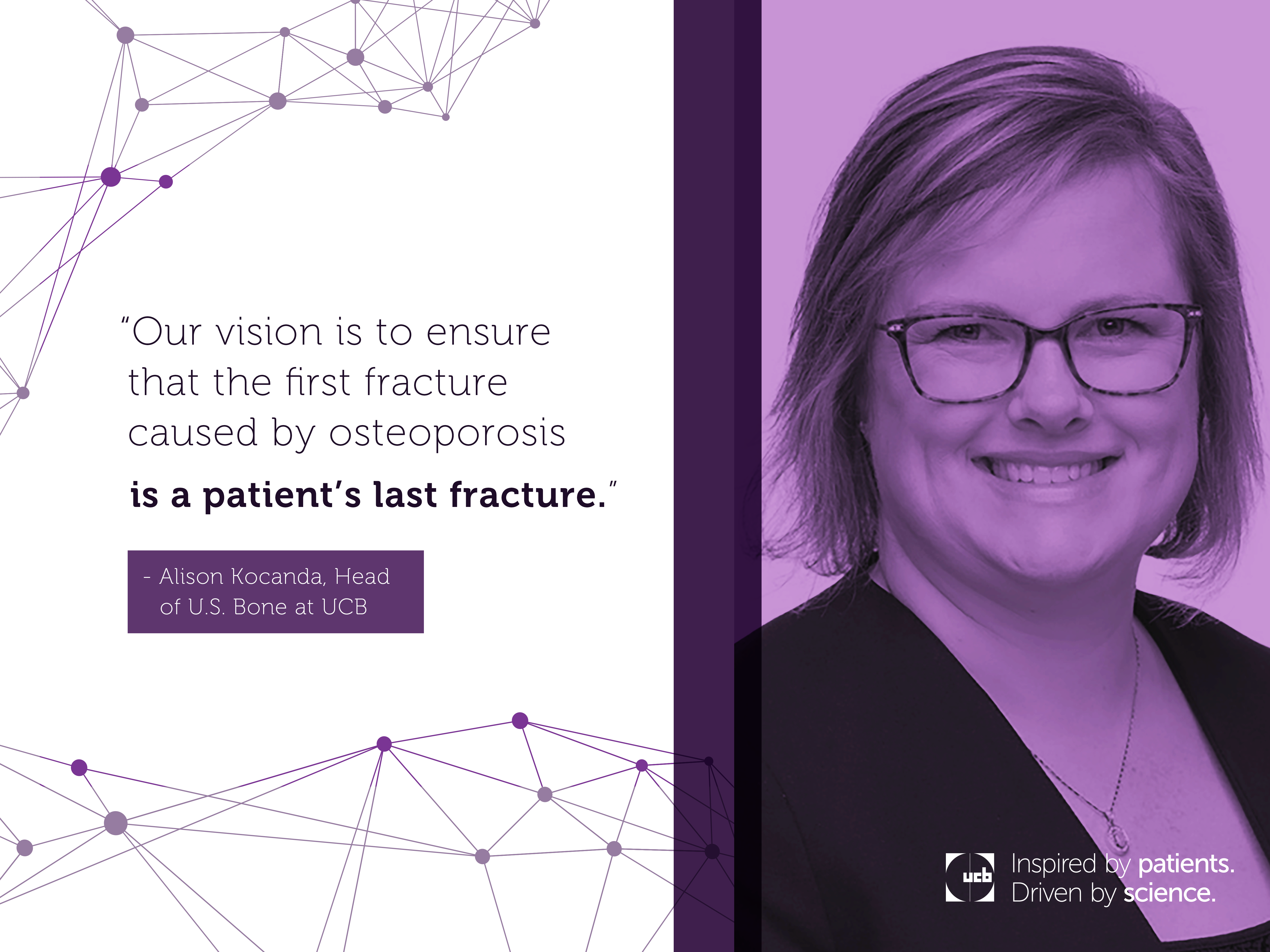Purple headshot of Alison Kocanda, Head of UCB U.S. Bone, with quote on how UCB is supporting osteoporosis patients.