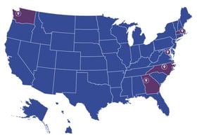 Blue United States Map with UCB locations in purple