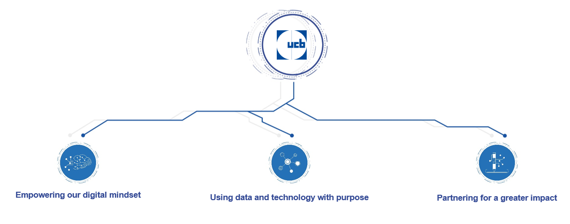 Diagram with UCB logo and three blue circles stemming from logo