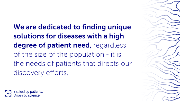 A white quote card with UCB branding shows UCB's dedication to fighting rare diseases and helping patients. 