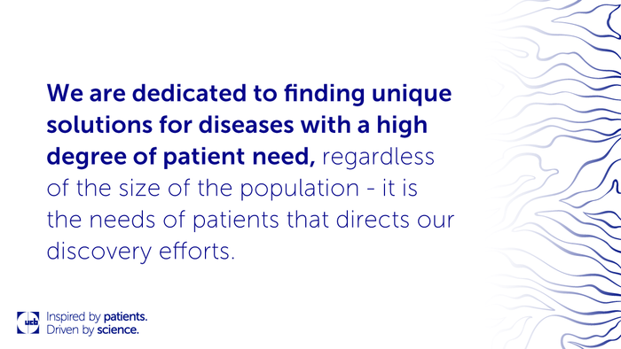 A white quote card with UCB branding shows UCB's dedication to fighting rare diseases and helping patients.