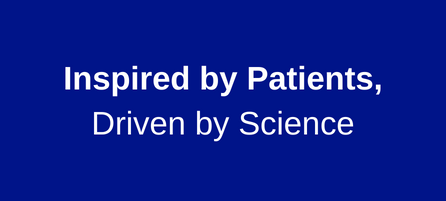 A blue box with the text Inspired by Patients Driven by Science. 