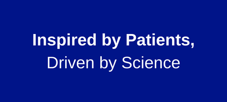 A blue box with the text Inspired by Patients Driven by Science.