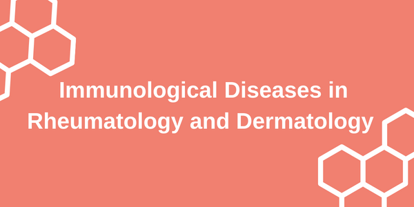 A pink image with the text "Immunological Diseases in Rheumatology and Dermatology with hexagon shapes