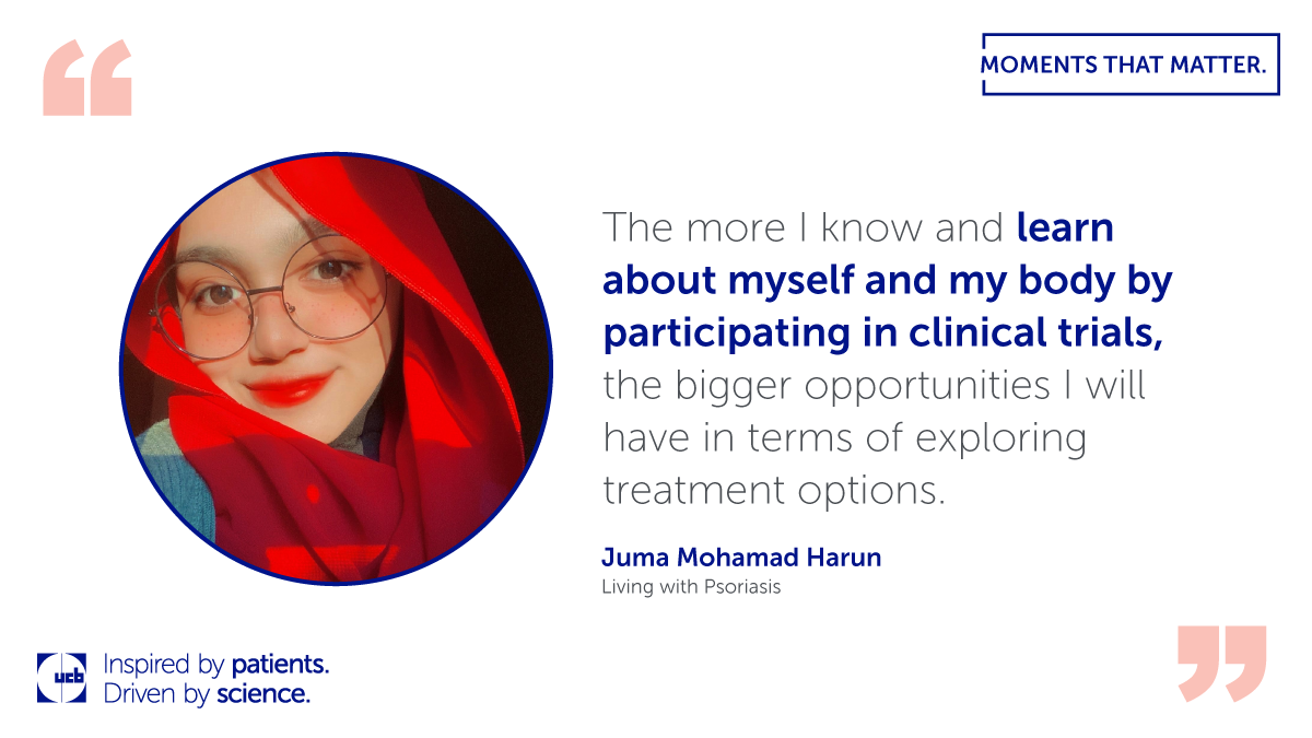 A quote card featuring patient Juma, living with Psoriasis 