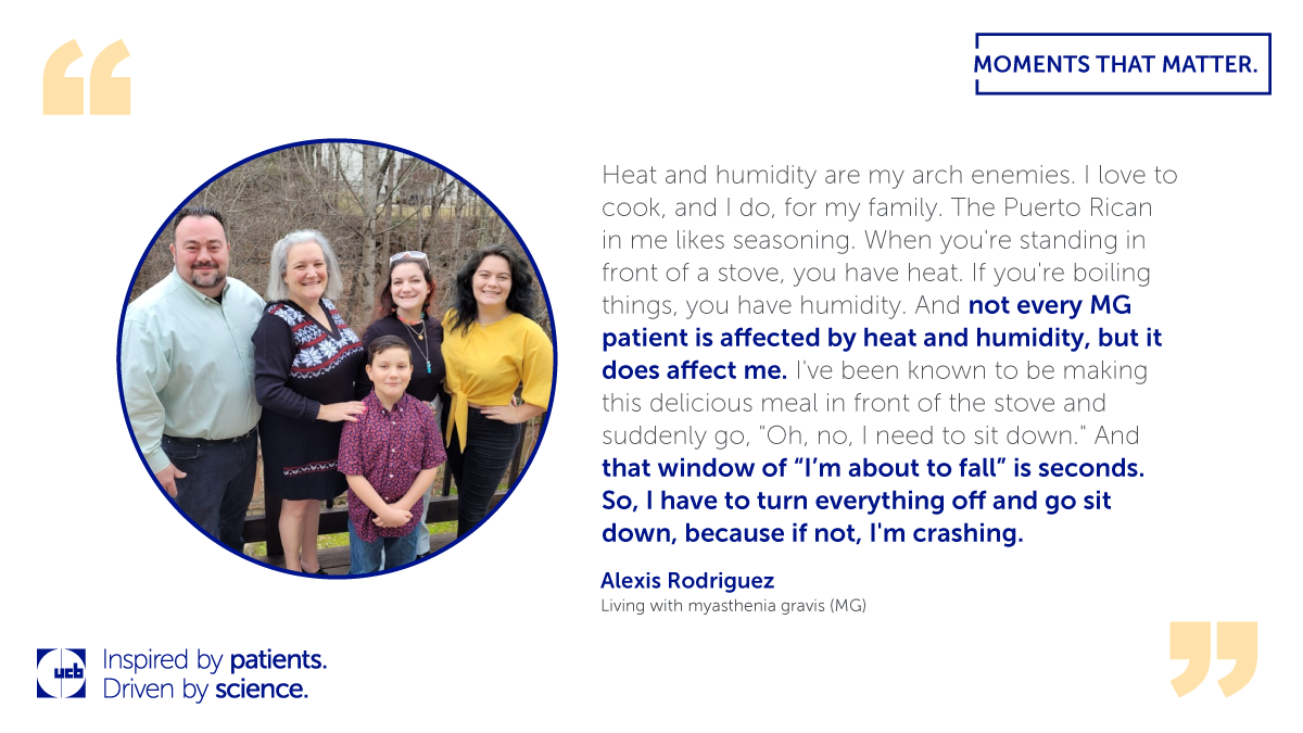 A quote card featuring patient Alexis, living with MG